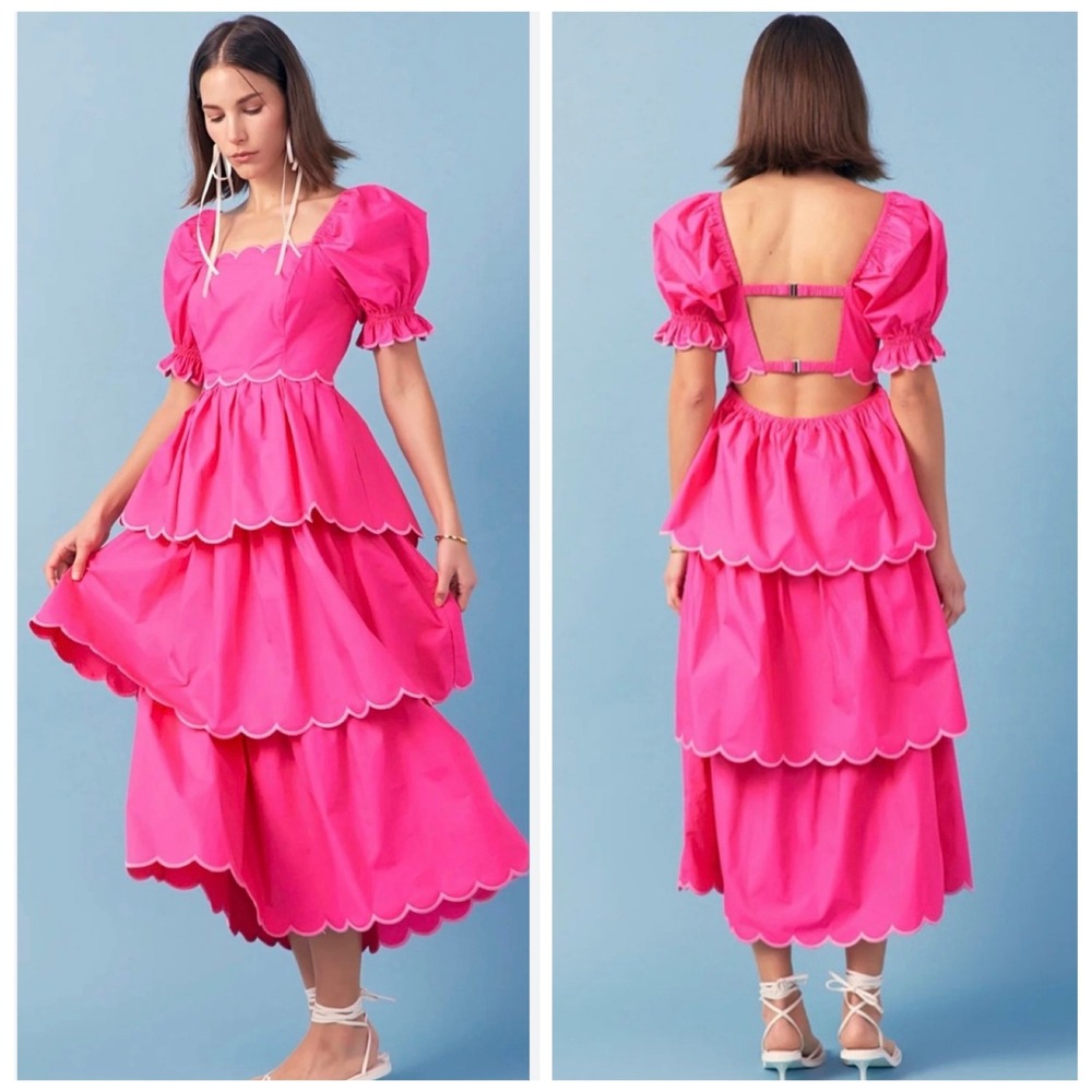 English Factory Pink Scallop Tiered Midi Dress Puffy Sleeve Open Back Medium (E)